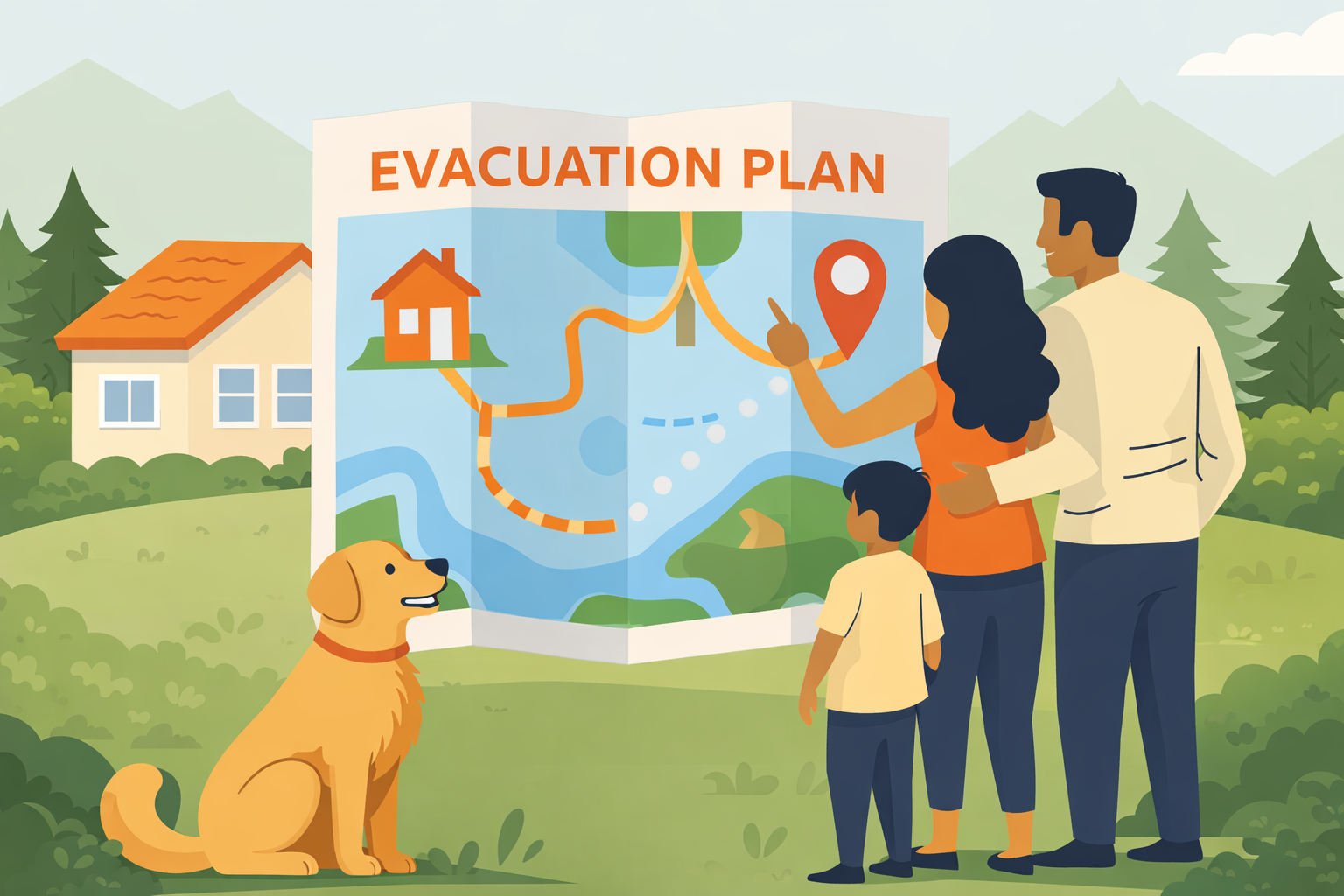 family reviewing evacuation plan outdoors.webp